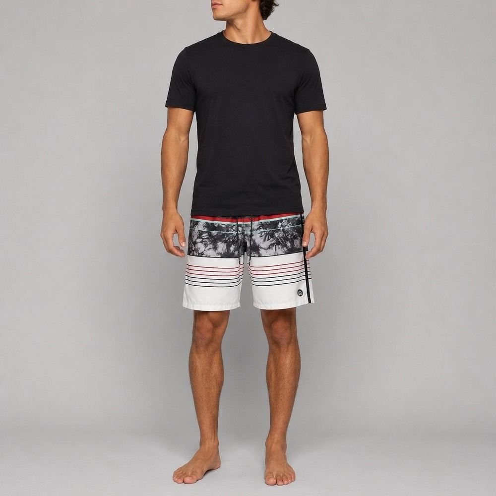 FreeWorld Shorts Mens 36 Gray White Board Striped Tie Dye Swim Trunks Surf Water